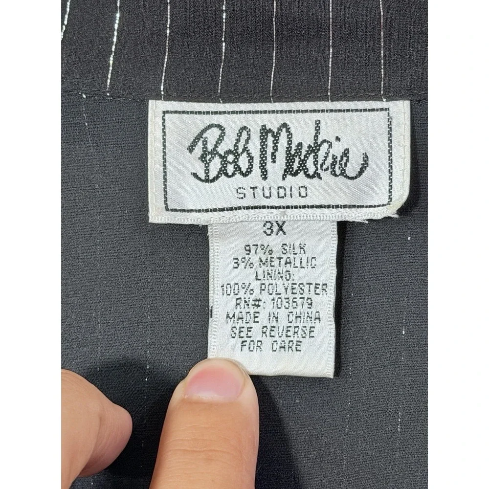 Bob Mackie Studio 3X Black Metallic Stripe Ruffle Tie Neck Sheer Blouse Top‎